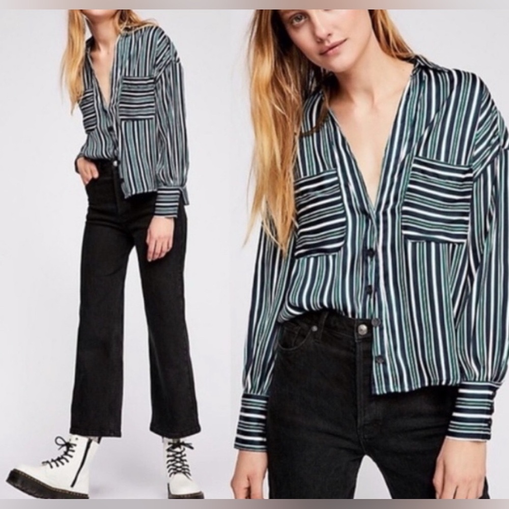 Free People Mad About You Button Down Shirt Striped Silky Size Medium